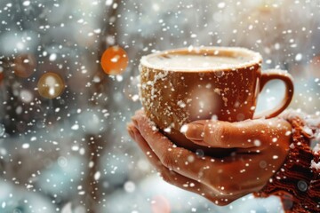 A cozy moment captured as a person holds a warm cup of drink amidst a snowy backdrop, evoking feelings of comfort, warmth, and the joy of winter.