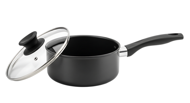 A sleek black saucepan with a transparent lid, poised for culinary creations in any kitchen setting. Clean and efficient.