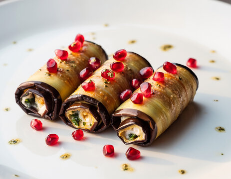 Exquisite eggplant rolls with pomegranate seeds and cheese filling, a modern gourmet delight for food lovers and culinary enthusiasts, appealing appetizer