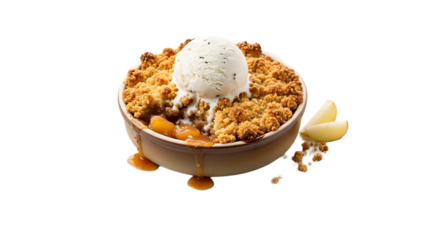 Indulge in a homemade peach crumble, topped with rich vanilla ice cream. A sweet symphony of warm fruit and cool cream.