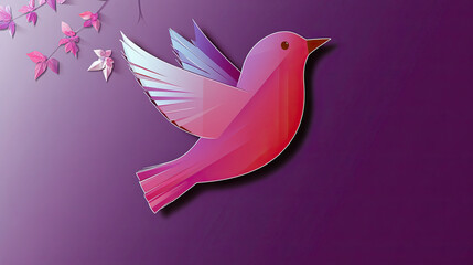 vibrant pink bird with stylized wings is set against purple background, surrounded by delicate leaves. This design captures sense of creativity and modern aesthetics