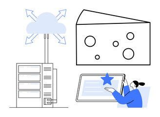 Cloud sending data to multiple channels, Swiss cheese metaphor for quality, person awarding a star on tablet. Ideal for technology, networking, data sharing, success, evaluation, innovation quality