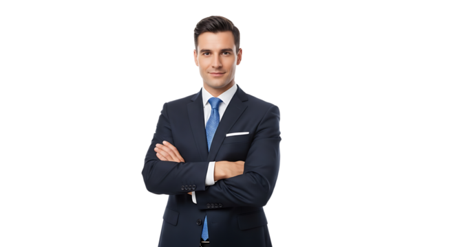 Confident businessman standing with arms crossed, sharp suit, embodying success and leadership on a transparent background.