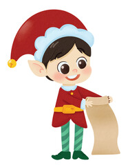 Cute Christmas Elf Boy Holding Scroll Illustration