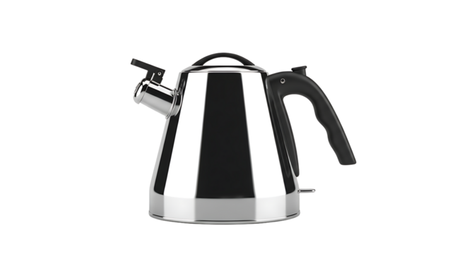 Sleek, modern tea kettle with a polished silver finish, black handle and spout, on a transparent background.