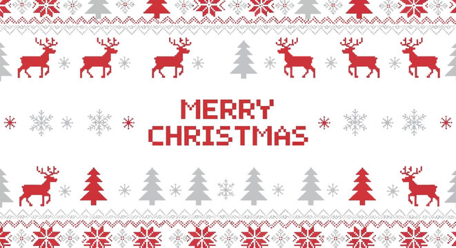 Fototapeta Merry christmas pixel art design with repeating reindeer snowflake and tree patterns in red and grey