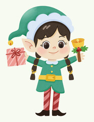 Christmas Elf Girl with Gift and Bell Illustration
