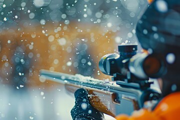 A close-up view of a hunter aiming a rifle in a snowy environment, creating a sense of determination and focus amidst falling snowflakes, highlighting both nature and hunting elements.