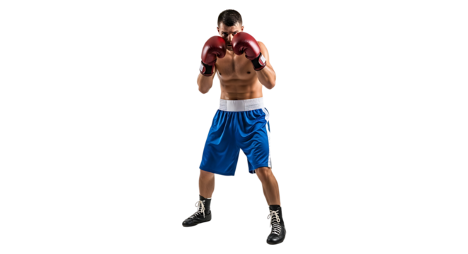 Focused boxer with red gloves, blue shorts, and black shoes, ready to fight in a stance on a transparent background.