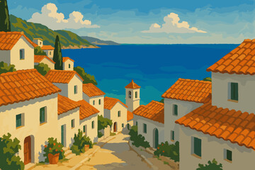 Obraz premium Picturesque coastal village with white-washed houses and red-tiled roofs overlooking the blue sea and lush green hills under a clear sky.