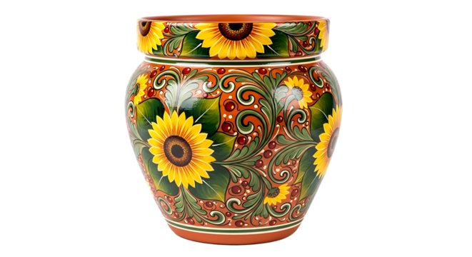 A terracotta vase with sunflowers and intricate swirls with berries on the exterior, radiating artistry.