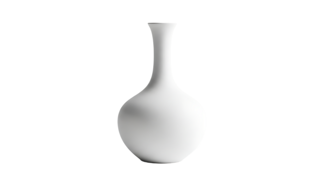 Elegant matte white vase against a stark transparent background. Its sleek curves and minimalist design make it a focal point.