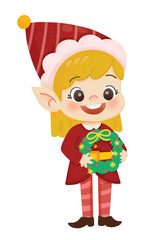 Cute Little Girl Christmas Elf with a Gift in Red Costume