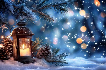 An enchanting winter scene featuring a glowing lantern nestled among frosty pine branches and snow, evoking feelings of warmth and peace amidst a tranquil snowy setting.