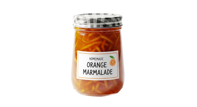 A glass jar filled with homemade orange marmalade, its checkered lid adding a rustic touch to this delightful treat.