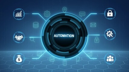 including one representing automation. business technology virtual screen background. performance metrics, and business insights from large data sets ,network , business ,technology concept 4k motion. - Powered by Adobe