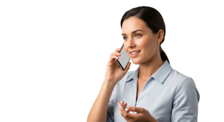 Confident woman in a blue shirt, smiling and gesturing while engaged in conversation via smartphone, against a transparent background.