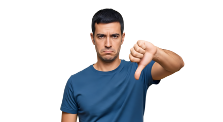 A man gives a thumbs down with a disappointed expression. The background is solid black, isolating the man in frame.