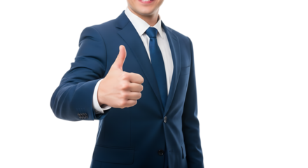 A person in a professional suit displays a thumbs up, symbolizing approval, success, and a positive attitude. 