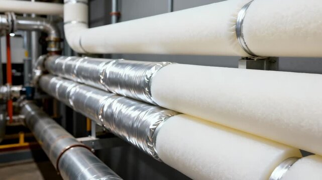 Closeup medium view of foam insulation being wrapped tightly around steam piping showcasing smooth finish and energysaving benefits.