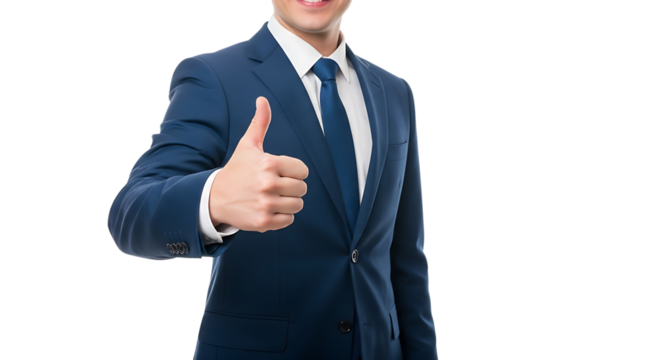 A person in a professional suit displays a thumbs up, symbolizing approval, success, and a positive attitude. 