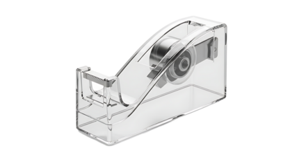 A clear plastic tape dispenser with a roll of tape inside, ready to be used for sealing, packaging, or crafting needs.