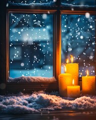 A beautiful candle display inside a window with snow gently falling outside, creating an inviting atmosphere perfect for winter reflections and cozy indoor moments shared with loved ones.