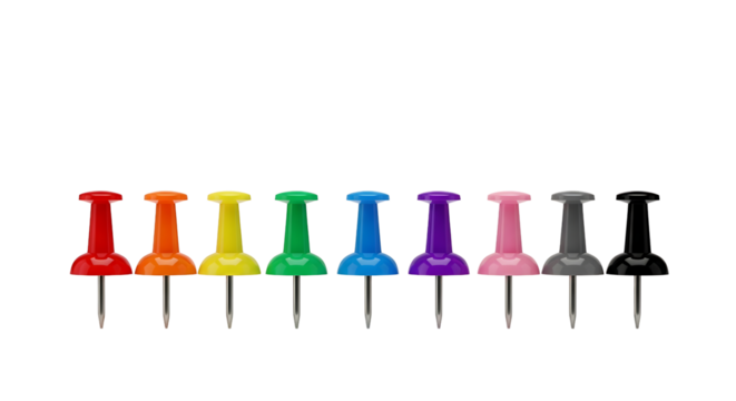 Stationery must-have: Assorted color push pins, perfect for displaying memos and adding colorful accents to corkboards.