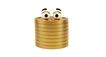 Whimsical stack of gold coins with cartoonish eyes, humorously bringing wealth and finance to life with playful charm.
