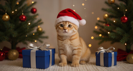 Adorable kitten wearing a Santa hat sitting near Christmas tree with festive lights and blue gift boxes. Cute holiday scene capturing warmth, joy, and winter celebration atmosphere.