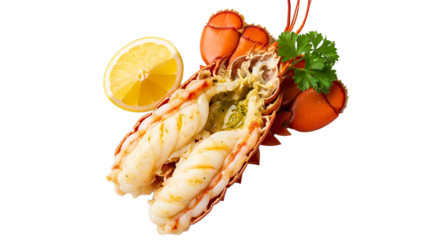 Succulent split lobster tail, grilled and served with a zesty lemon wedge and sprig of parsley garnish.