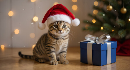 Adorable kitten wearing a Santa hat sitting near Christmas tree with festive lights and blue gift boxes. Cute holiday scene capturing warmth, joy, and winter celebration atmosphere.
