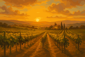 Naklejka premium A picturesque vineyard at sunset with rows of grapevines stretching towards a distant farmhouse, set against a vibrant orange sky.