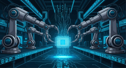 Robotic arms assembling a microchip with blue neon lights in a futuristic factory setting scene