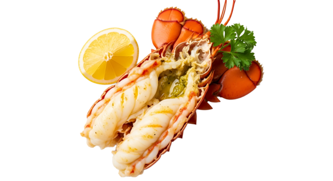 Succulent split lobster tail, grilled and served with a zesty lemon wedge and sprig of parsley garnish.