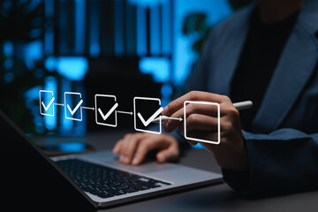 Project planning and workflow management concept. Person using laptop with virtual checklist and progress icons, represent task tracking, business process automation, efficient step-by-step execution