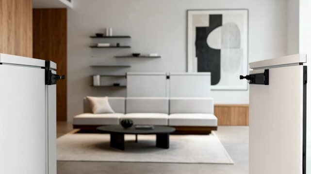 Medium shot capturing modular wall system with sleek finishes emphasizing quick assembly and adaptable room division in contemporary interiors.