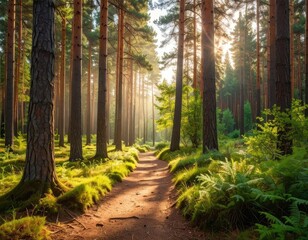 Obraz premium Path winds through a sunlit forest, tall trees, dappled light, lush greenery
