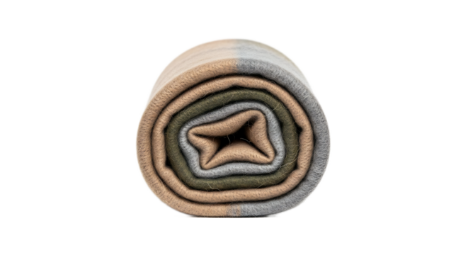 A cozy rolled throw blanket in neutral tones of brown, gray, and green, ideal for comfort and warmth on chilly days.