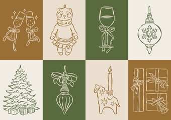 Christmas ornament doodles collection. Art for greeting cards, holiday invitations, poster design, postcards, branding, logo design, background.	