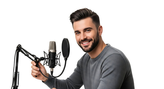 Enthusiastic man ready to record audio with professional microphone. Focused on quality sound and clear communication. - Powered by Adobe