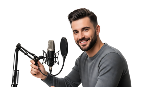 Enthusiastic man ready to record audio with professional microphone. Focused on quality sound and clear communication.