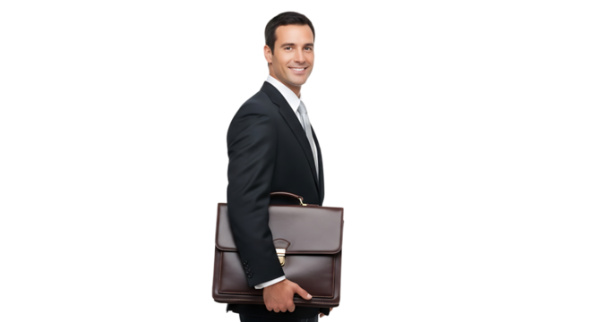 Confident professional man smiles while carrying a briefcase, embodying success and determination in his business journey.