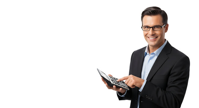 Confident financial professional wearing glasses smiles while calculating figures with a calculator in hand.