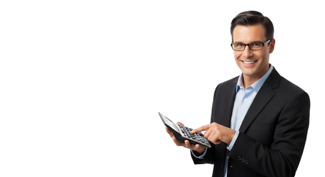 Confident financial professional wearing glasses smiles while calculating figures with a calculator in hand.