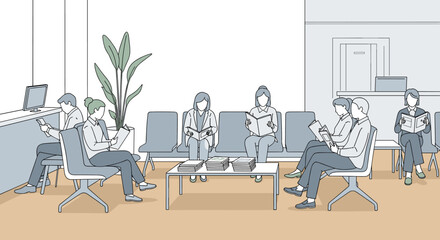 Fototapeta premium Diverse group of adults seated in a modern waiting area, reading magazines and books, illustrating a calm and organized atmosphere.
