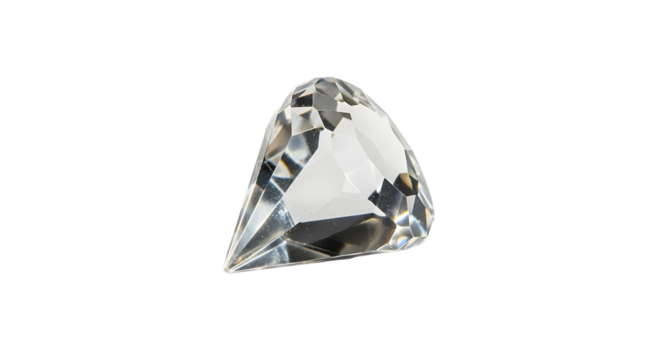 A close-up of a clear, triangular prism against a transparent background, showcasing the gem's intricate facets and reflections.