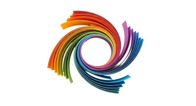 A vibrant vortex of layered rainbow hues spiral with dynamic motion on a solid transparent background, creating a mesmerizing design.