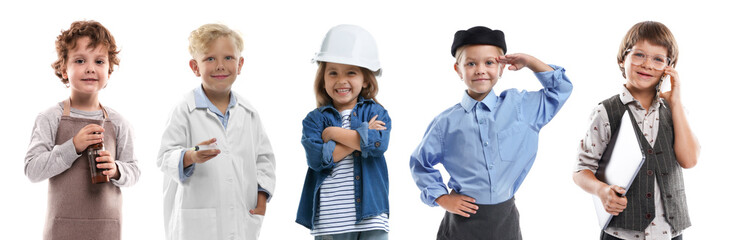 Cute children pretending themselves as workers of different occupations, collage on white background. Choice of profession