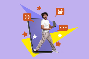 Content manager, creative collage. Man with laptop jumping out of smartphone screen on violet...